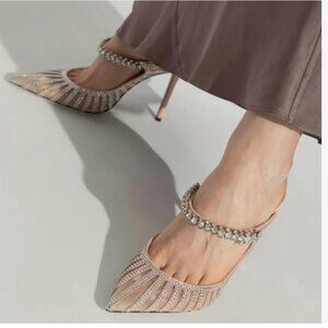 FYS Nude Pointed Toe Slip on Mules Rhinestone Studded Stiletto High Heel Sandals